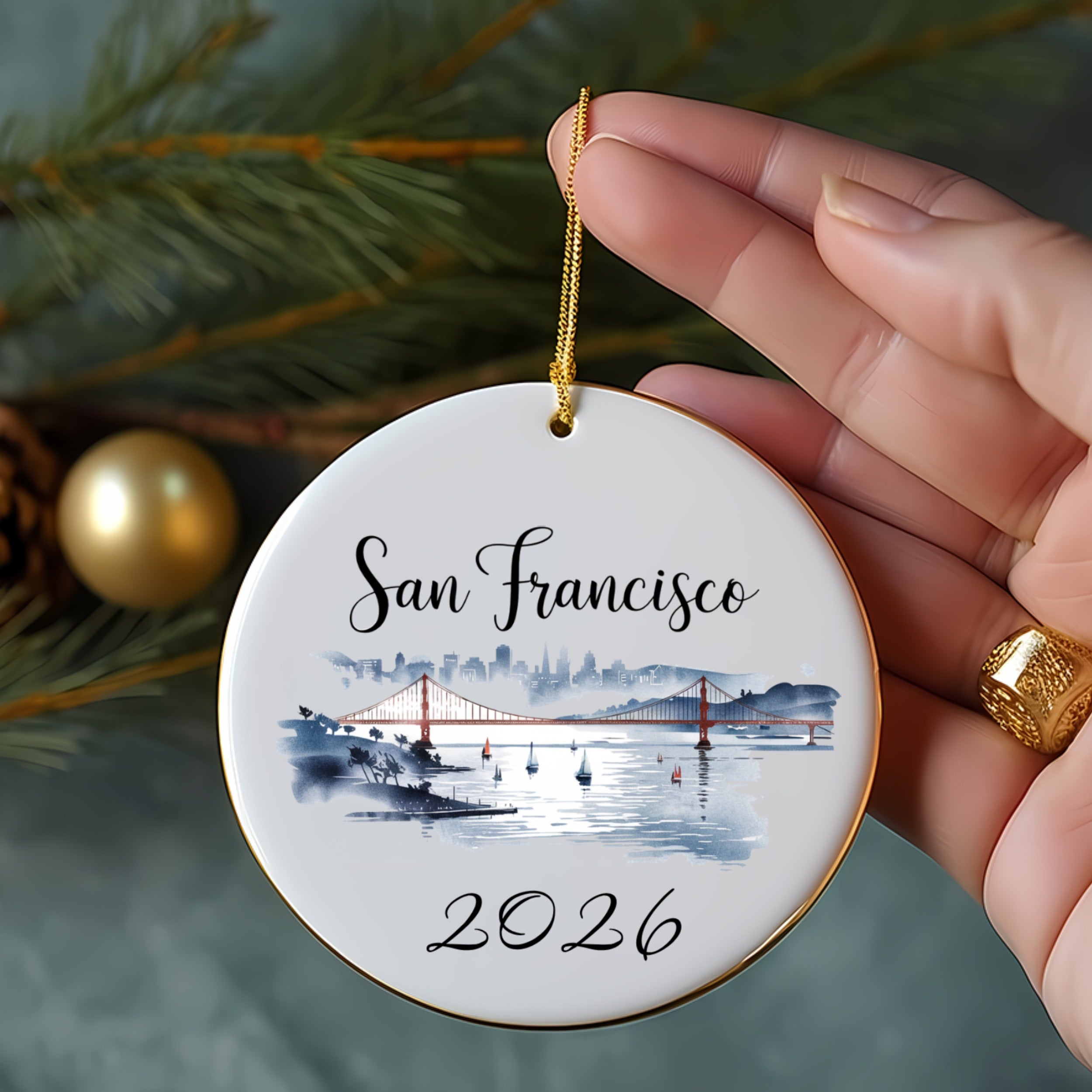 San Francisco 2026 ornament with Golden Gate Bridge illustration.