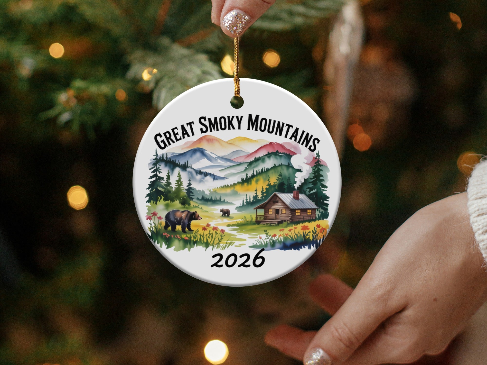 Round ornament with Great Smoky Mountains scene and 2026 date.