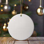 Blank white circular Christmas ornament hanging on a string.
