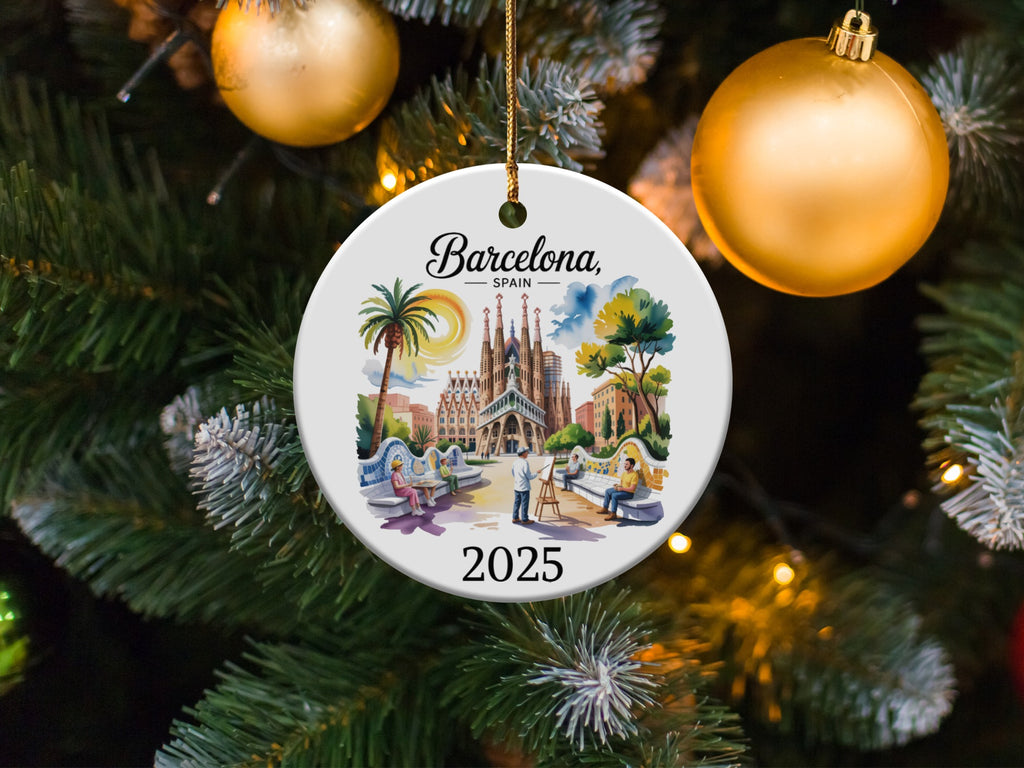 Barcelona, Spain 2025 ceramic ornament on Christmas tree.