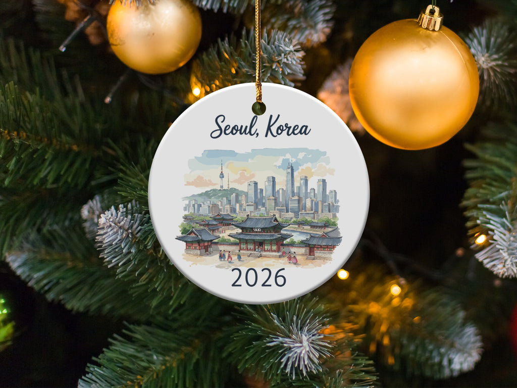 Seoul, Korea 2026 ceramic ornament with city skyline and traditional buildings.