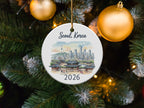 Seoul, Korea 2026 ceramic ornament with city skyline and traditional buildings.