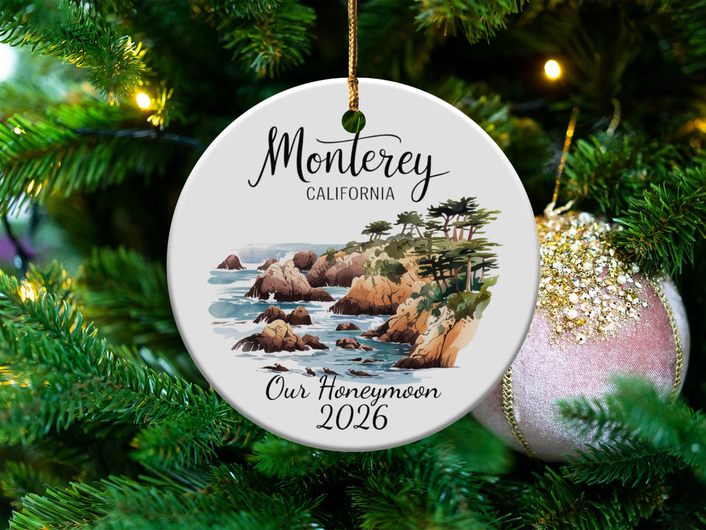 Monterey California honeymoon ornament with rocky coast and trees.