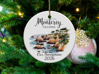 Monterey California honeymoon ornament with rocky coast and trees.