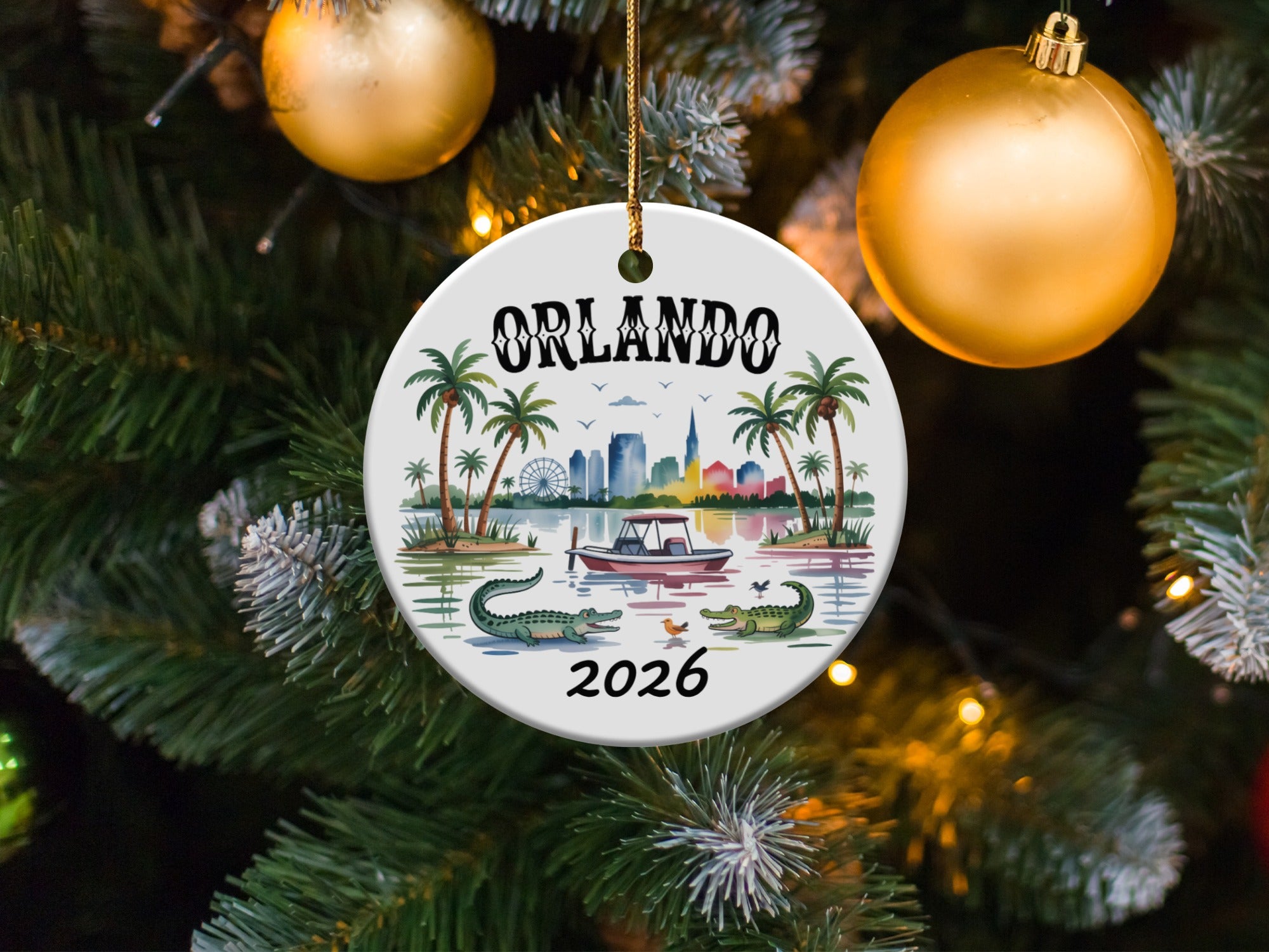 Orlando 2026 ceramic ornament with alligator, boat, and palm trees.