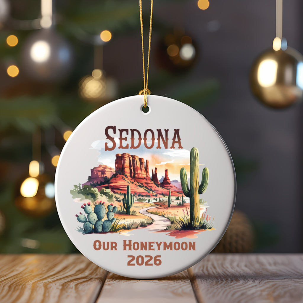 Sedona honeymoon ornament with desert landscape and cacti.