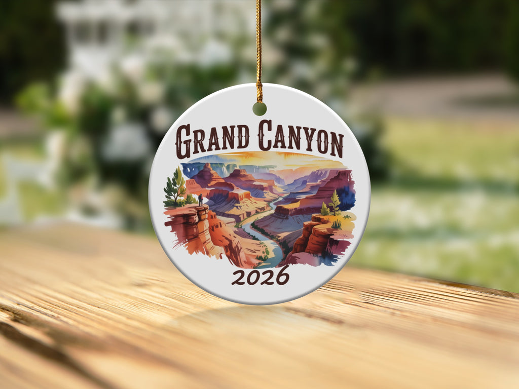 Grand Canyon 2026 round ornament with canyon landscape.