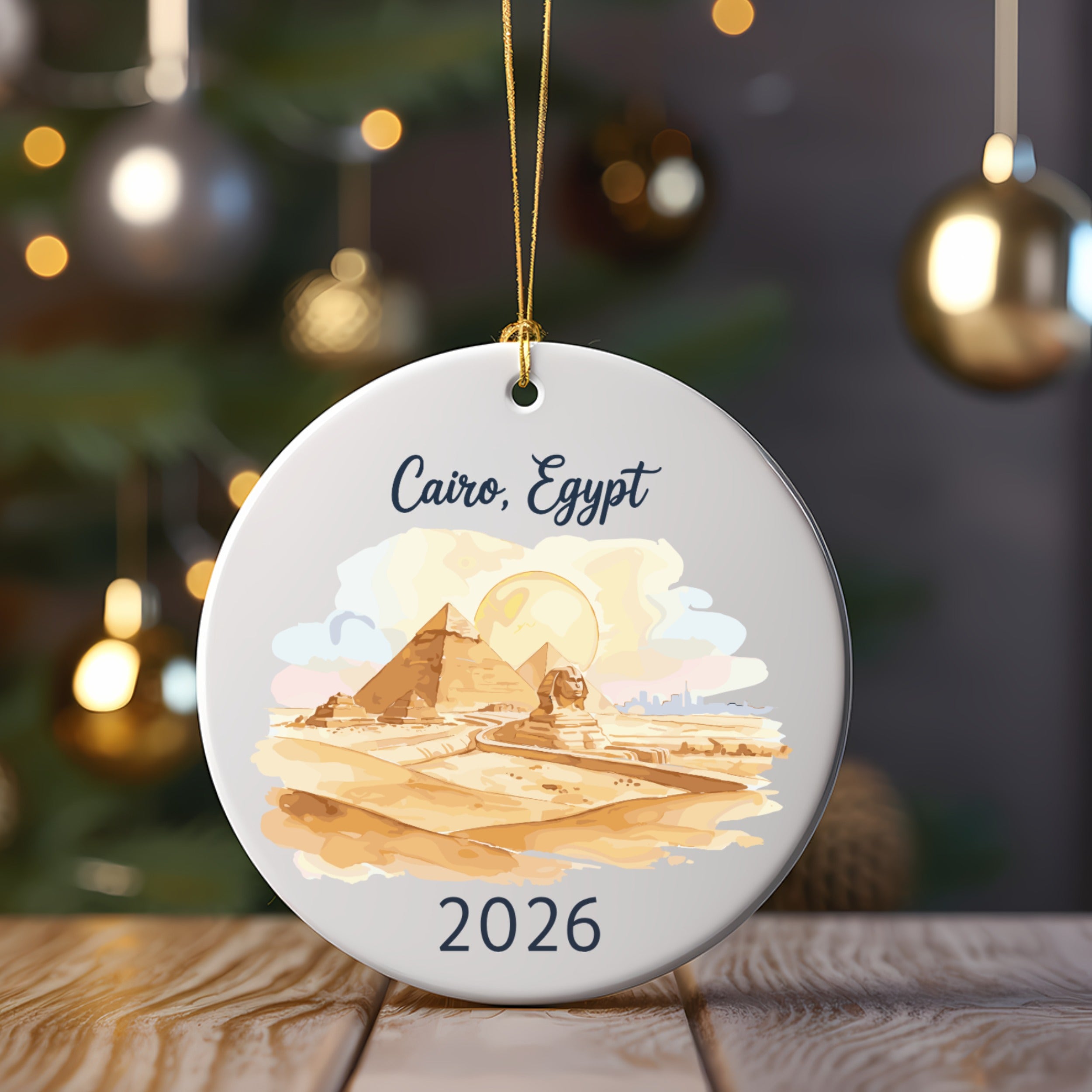 Cairo, Egypt 2026 ornament with pyramids and Sphinx illustration.