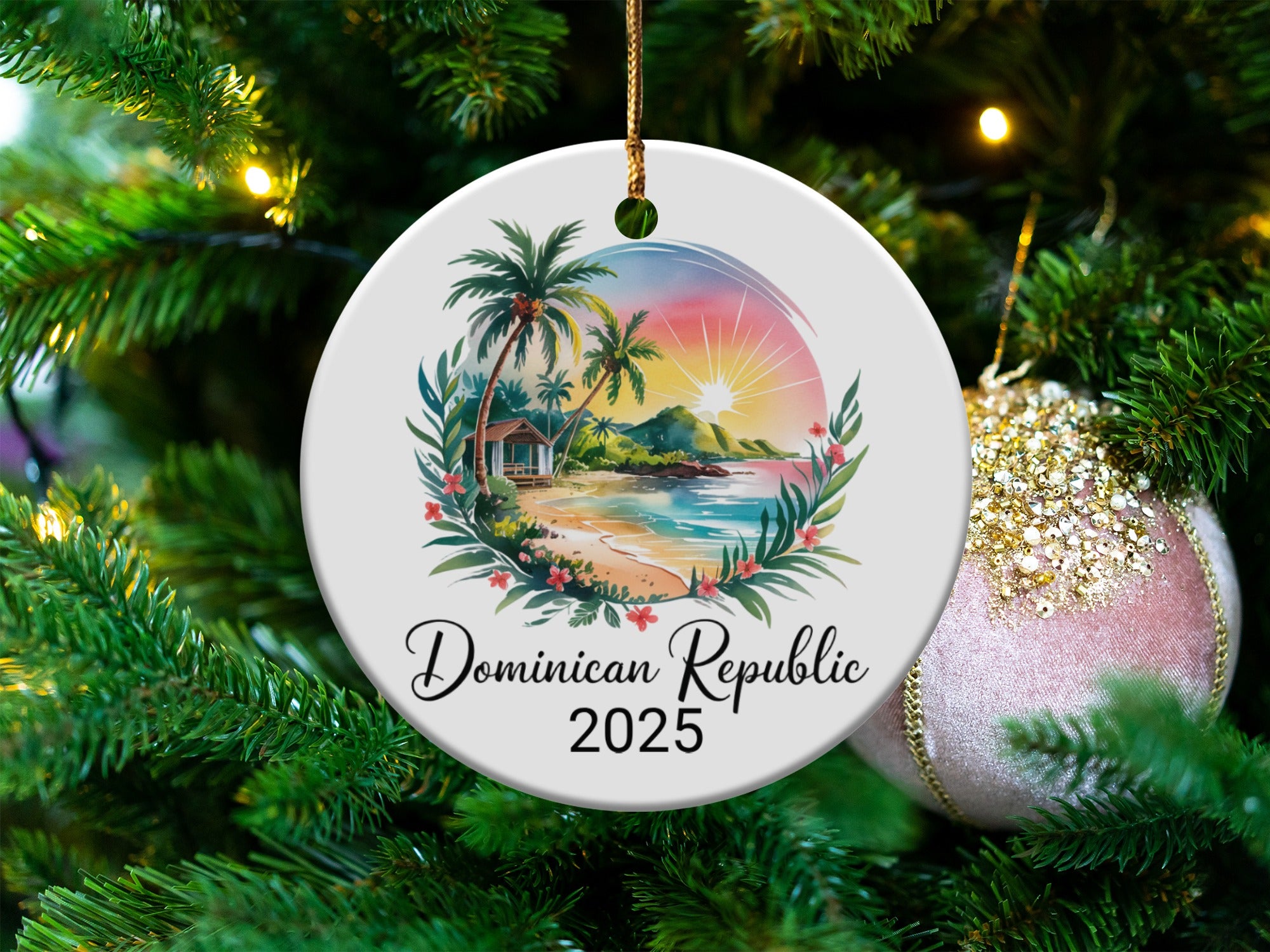 Dominican Republic 2025 ornament with a tropical beach scene.