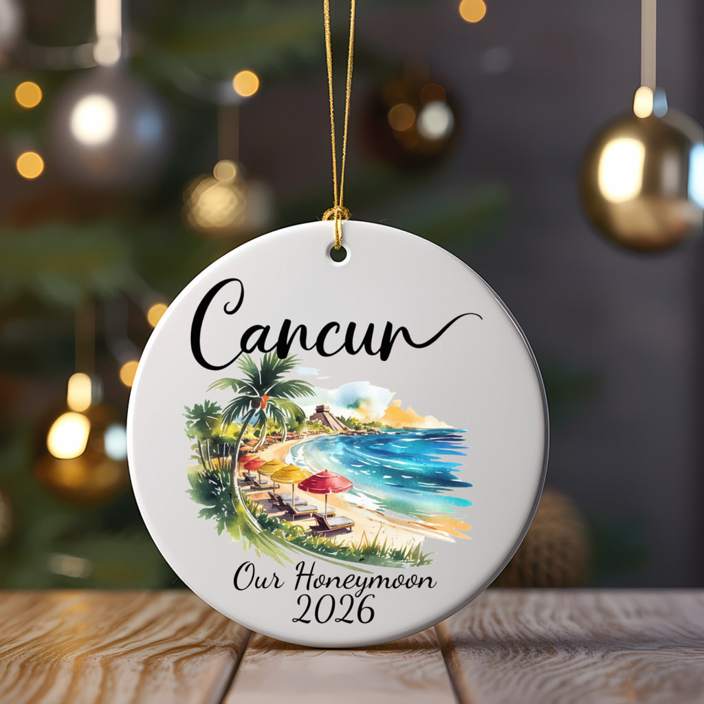 Cancun honeymoon ornament with beach scene and text "Our Honeymoon 2026".