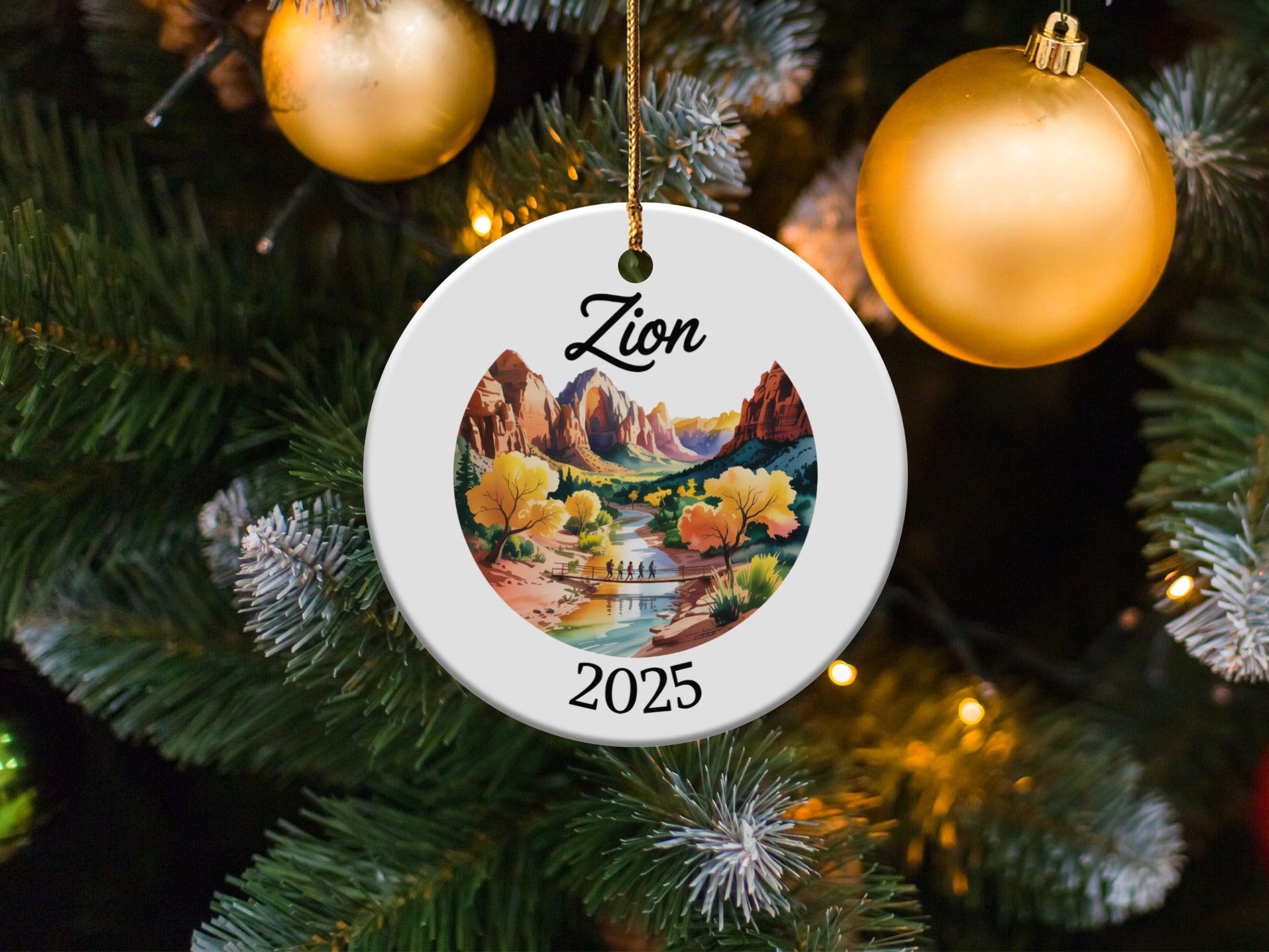 Round ornament with Zion National Park landscape and "2025" text.