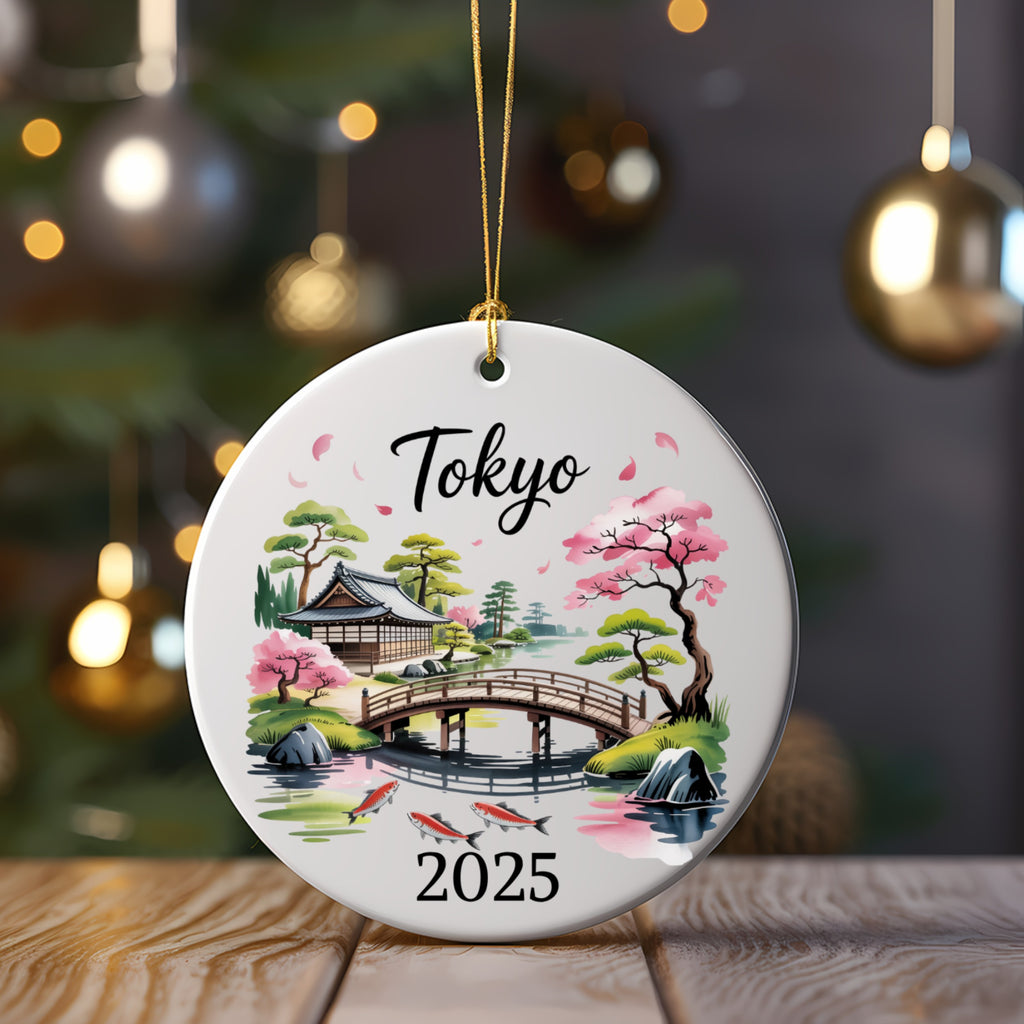 Tokyo 2025 ceramic ornament with Japanese garden and cherry blossoms.