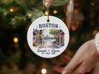 Boston ceramic ornament with street scene, personalized with names and date.