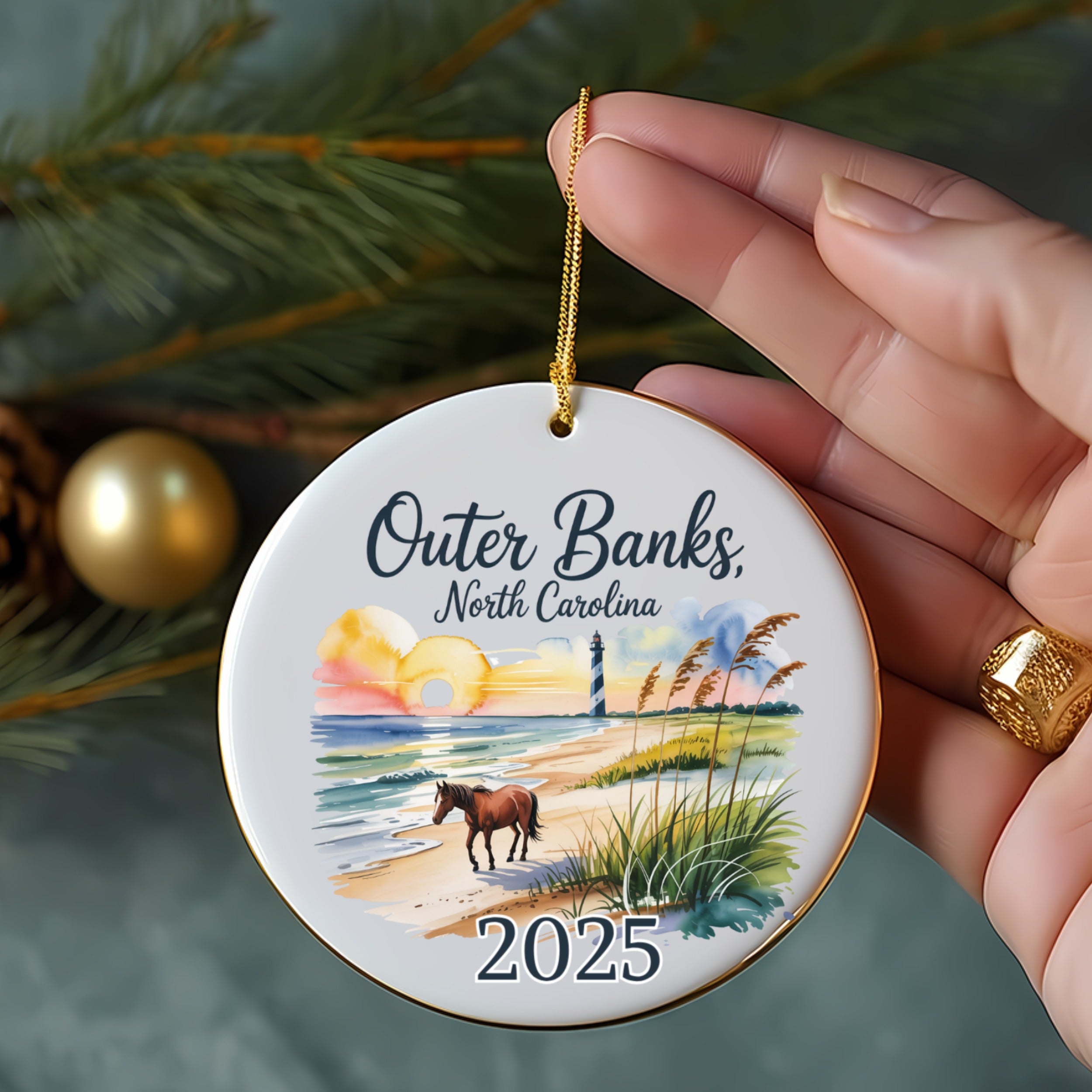 Outer Banks, North Carolina 2025 ornament with horse and lighthouse.