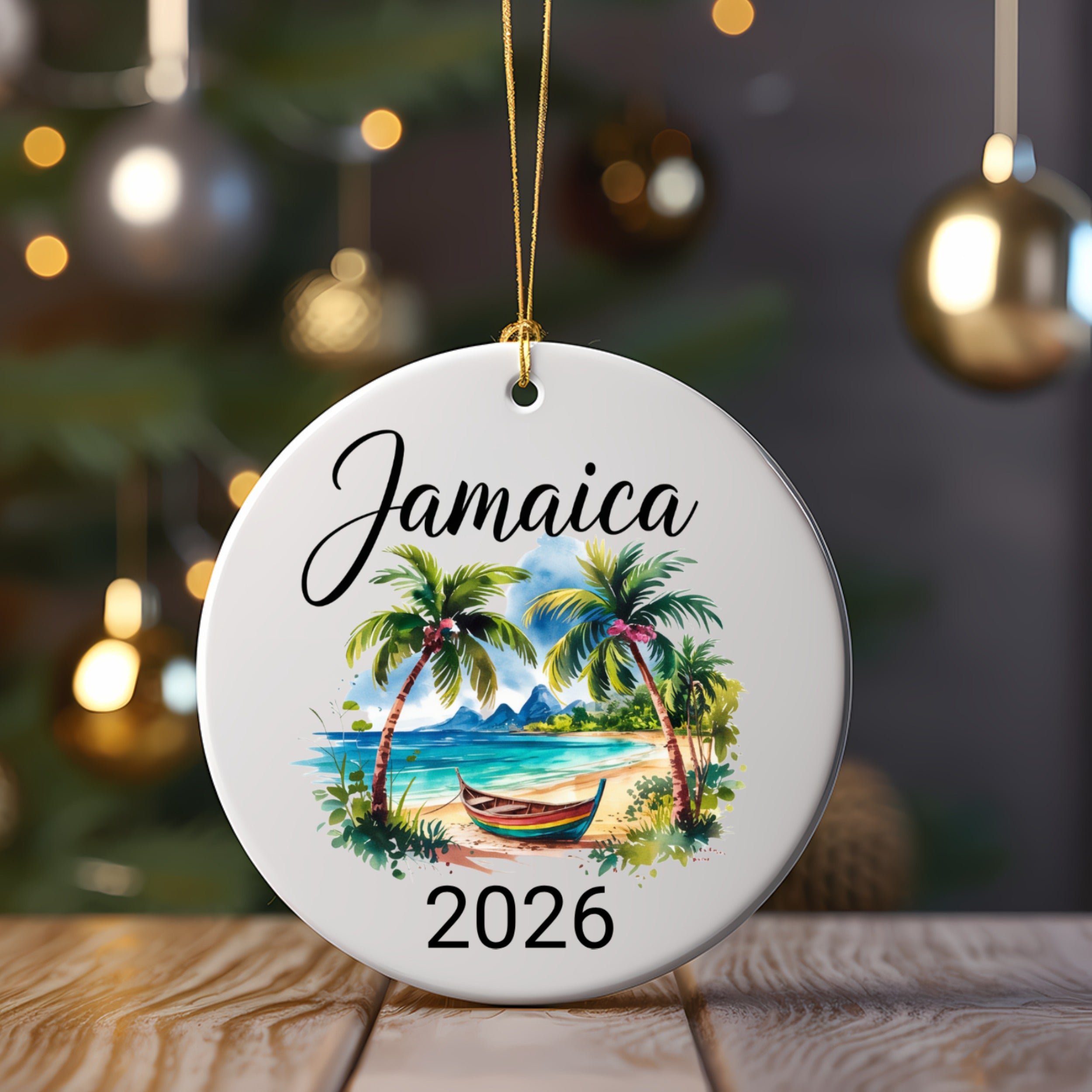 Round ornament with "Jamaica 2026" and a tropical beach scene.