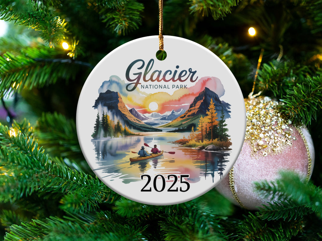 Glacier National Park ceramic ornament with sunset and two people in a canoe, dated 2025.