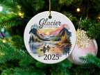 Glacier National Park ceramic ornament with sunset and two people in a canoe, dated 2025.