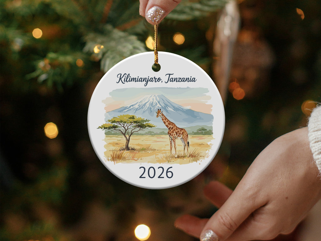 Kilimanjaro, Tanzania ornament with giraffe, tree, mountain, and 2026.