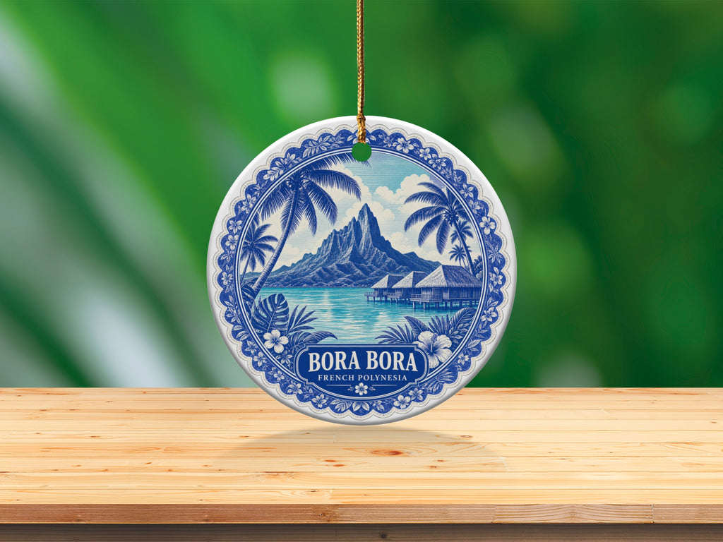 Round ceramic ornament with Bora Bora, French Polynesia scene and palm trees.