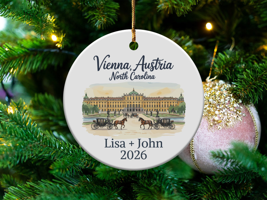 Vienna, Austria ornament with names "Lisa + John" and year "2026".