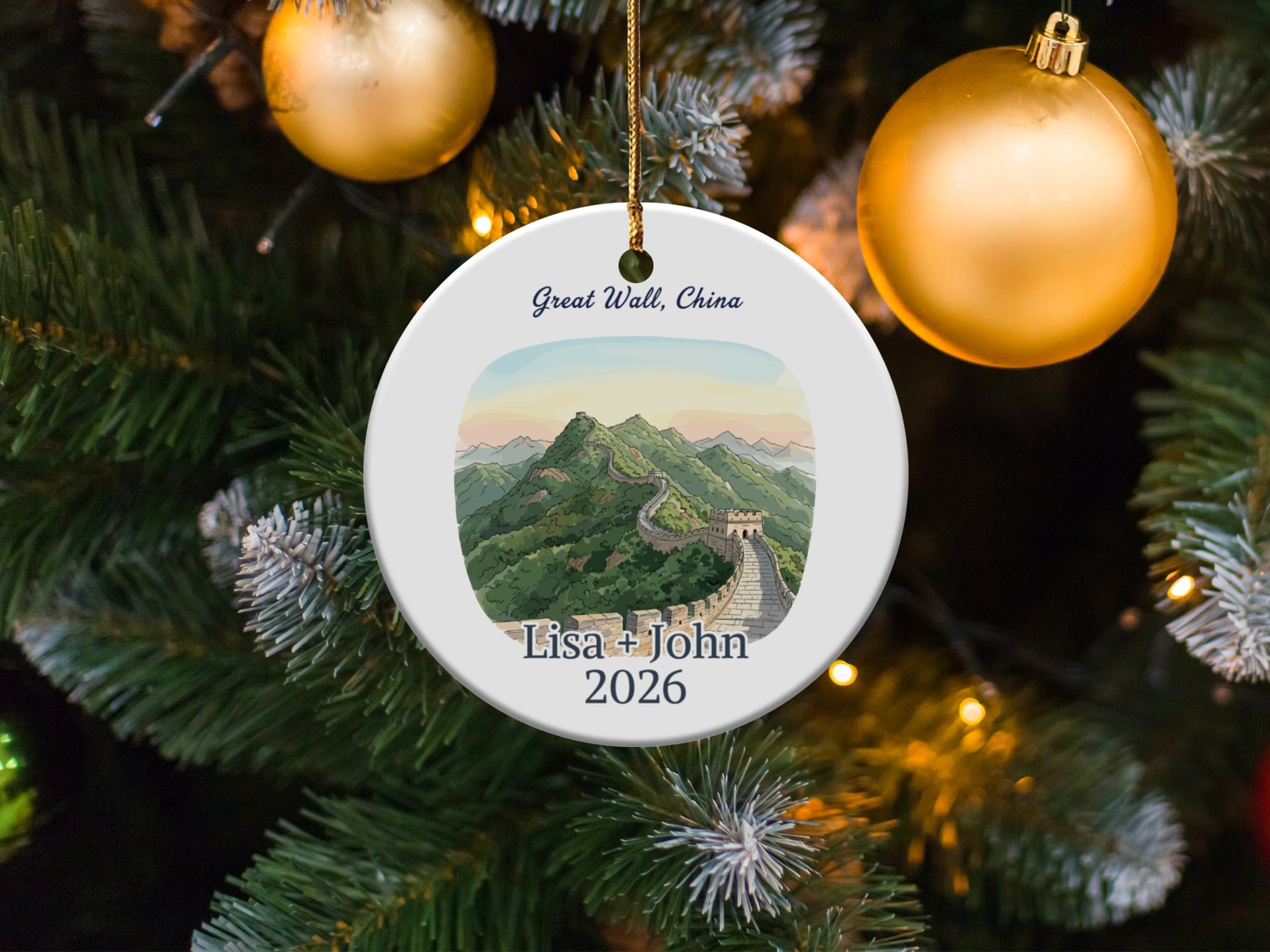 Christmas ornament depicting Great Wall of China with "Lisa + John 2026".