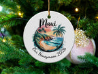 Round ornament with tropical beach scene and "Maui Our Honeymoon 2026" text.