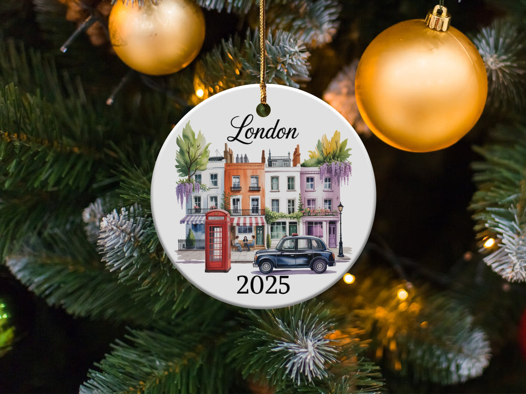 London 2025 ceramic ornament with townhouses, phone booth, and car.