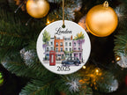 London 2025 ceramic ornament with townhouses, phone booth, and car.