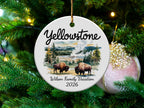 Yellowstone ornament with bison and "Wilson Family Vacation 2026" text.