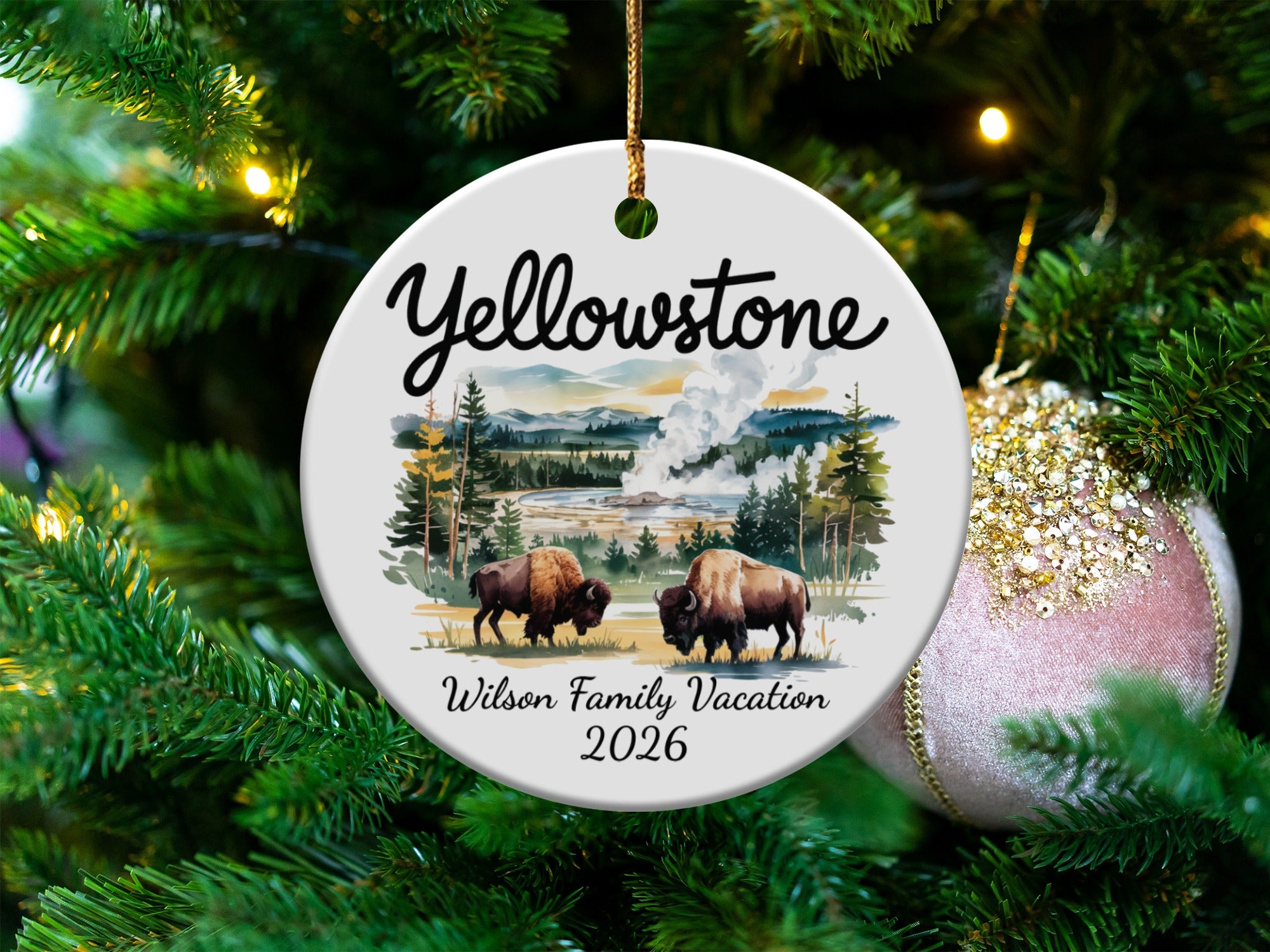 Yellowstone ornament with bison and "Wilson Family Vacation 2026" text.