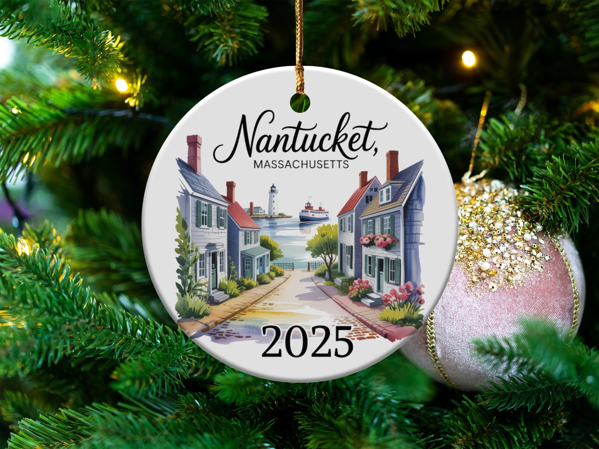 Nantucket, Massachusetts ornament featuring a charming street scene with a lighthouse.