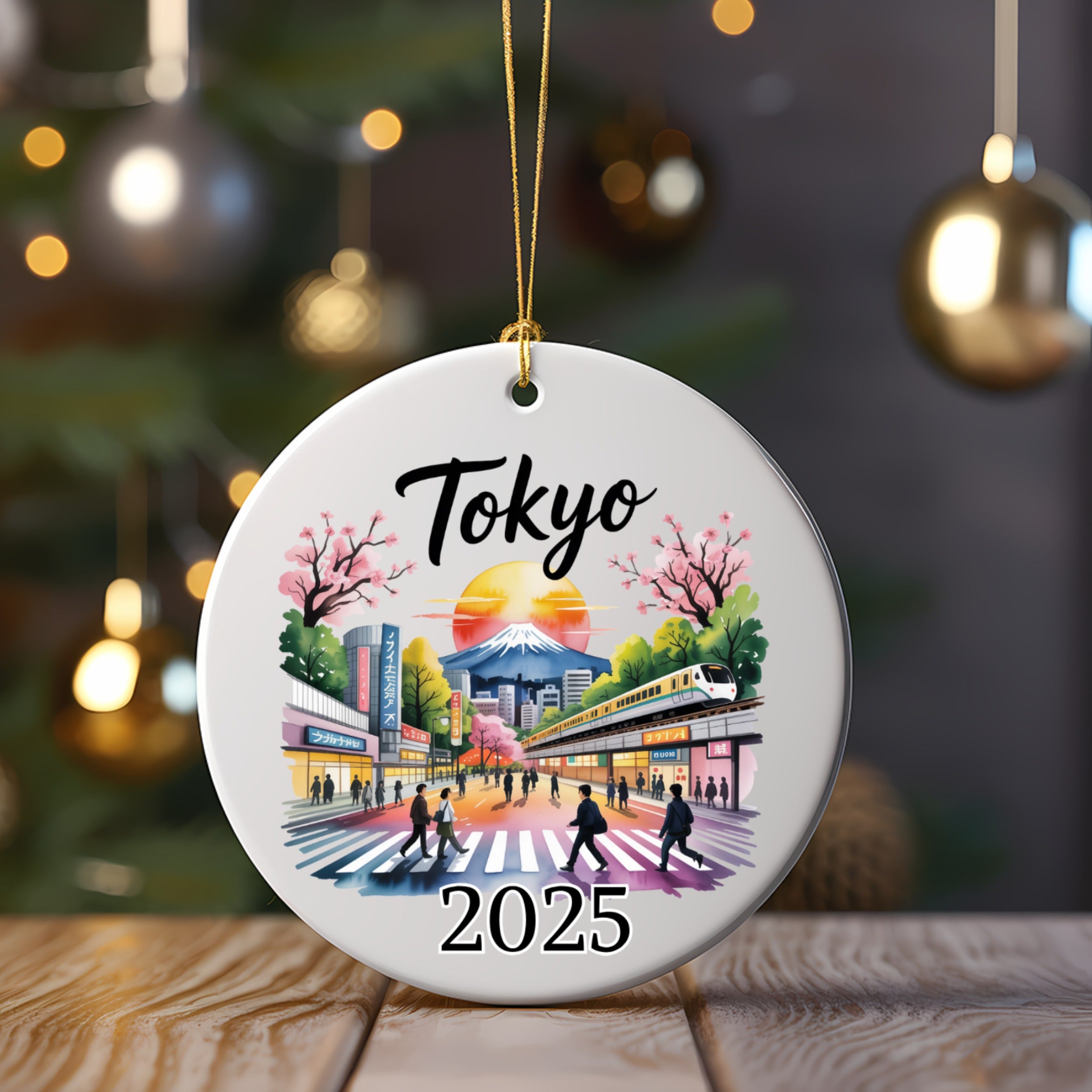 Tokyo 2025 ceramic ornament featuring cityscape with cherry blossoms and train.
