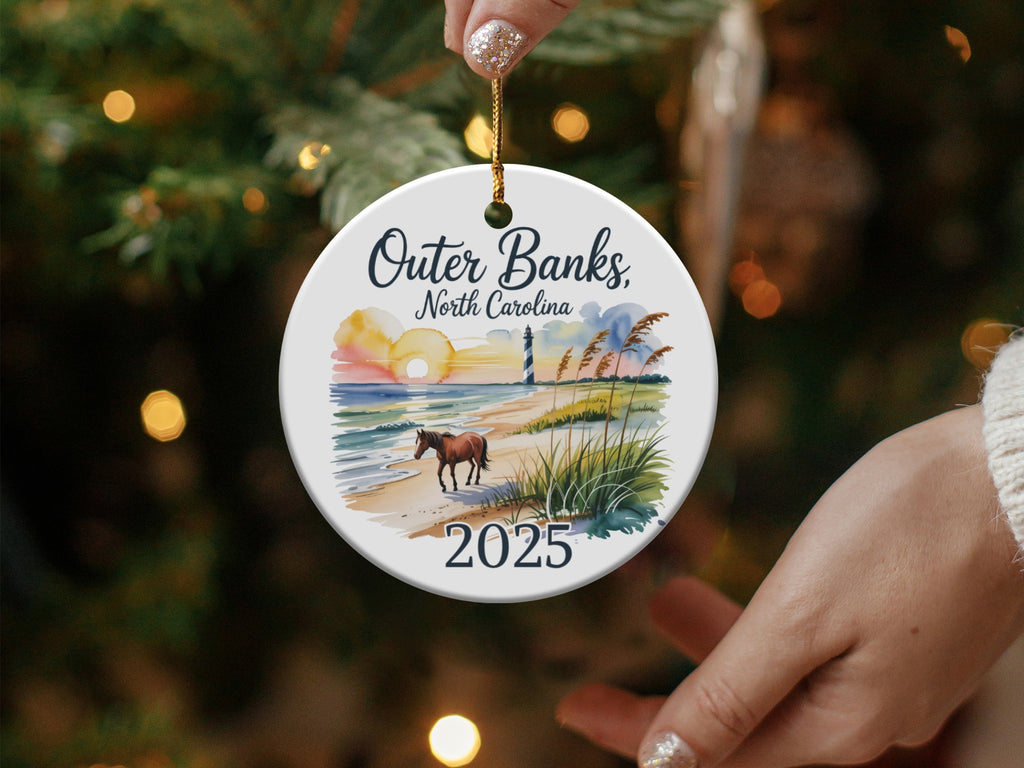Outer Banks North Carolina 2025 ceramic ornament with lighthouse and horse.