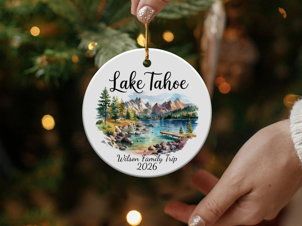 Lake Tahoe ornament with "Wilson Family Trip 2026" text.