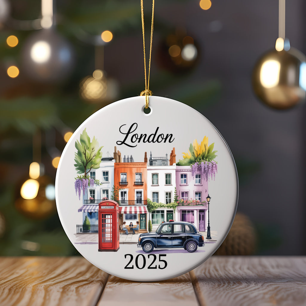 London 2025 ceramic ornament with row houses, red phone booth, and black taxi.