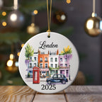 London 2025 ceramic ornament with row houses, red phone booth, and black taxi.