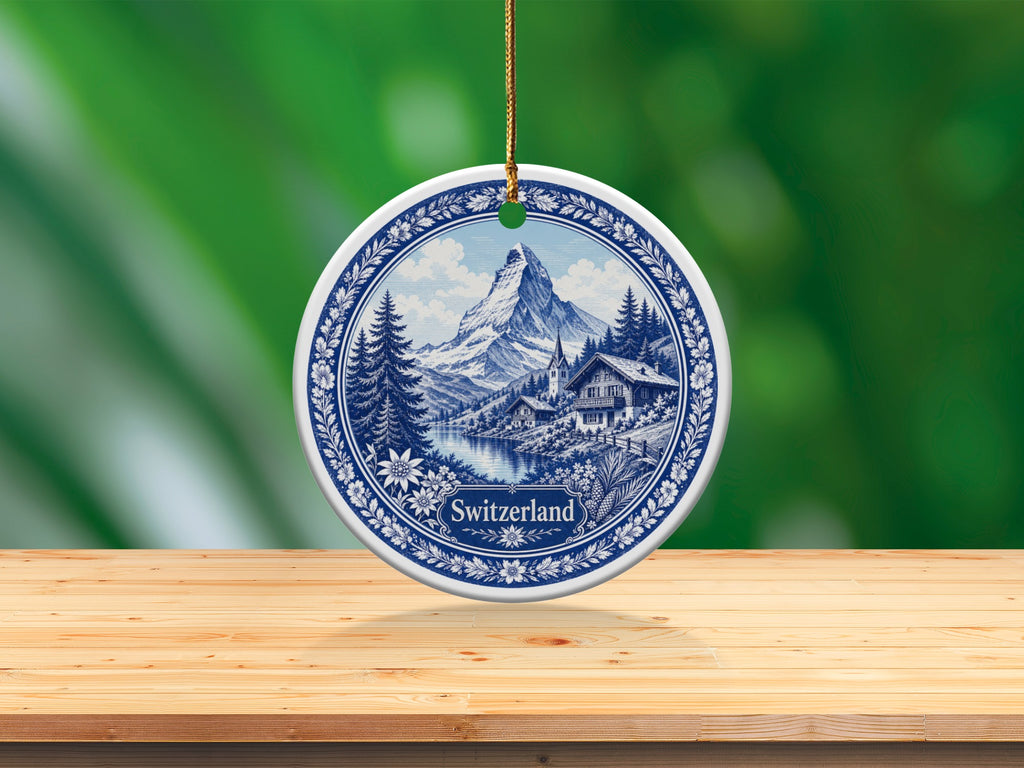 Round Swiss ornament depicting Matterhorn, lake, village, and text "Switzerland".