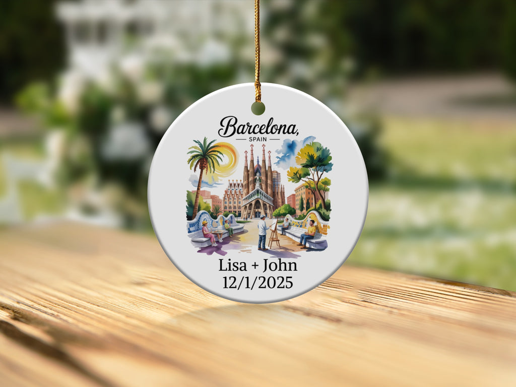 Round ornament with Barcelona skyline and personalized names and date.