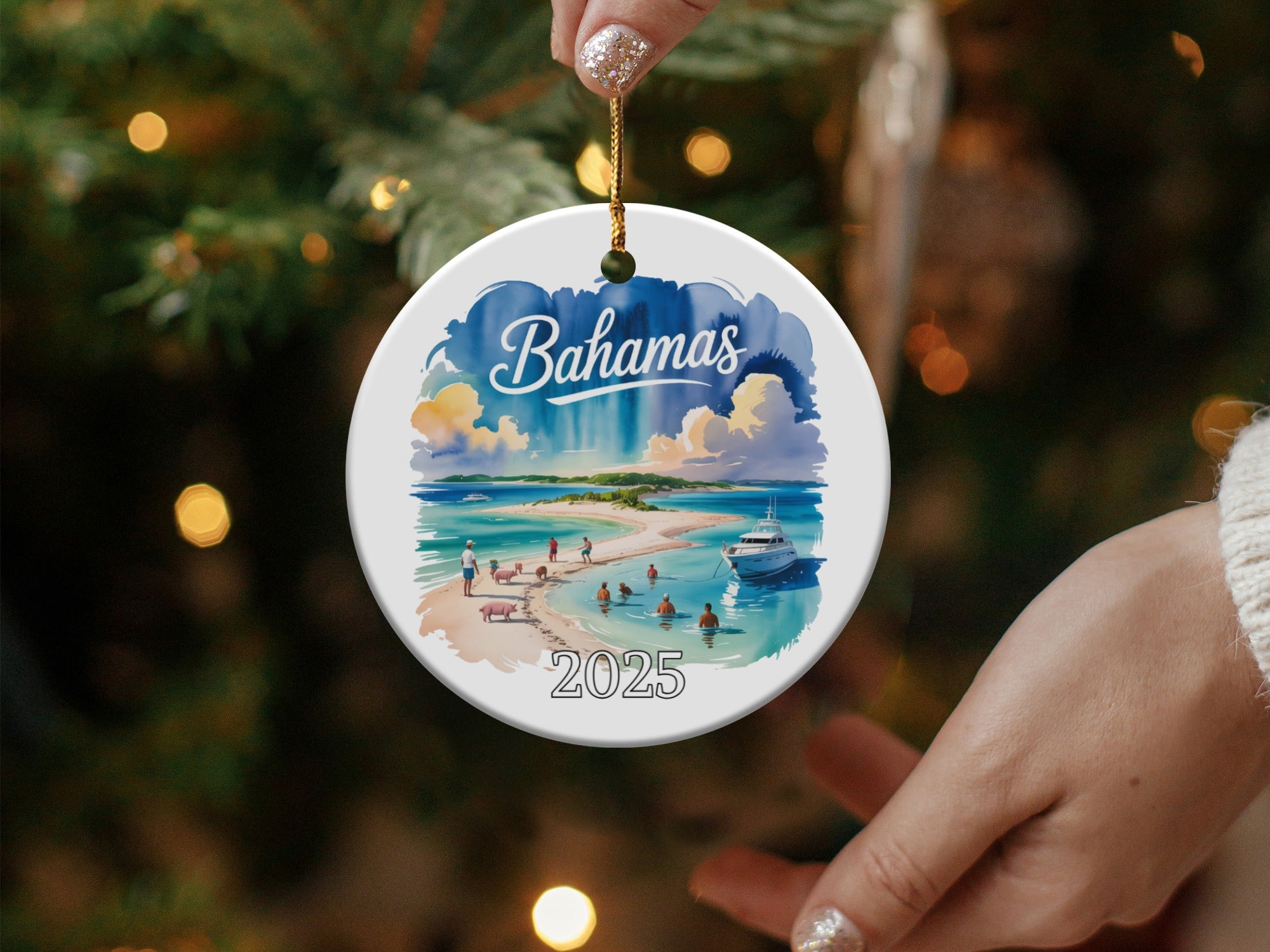 Bahamas 2025 ornament featuring a beach scene with a boat.