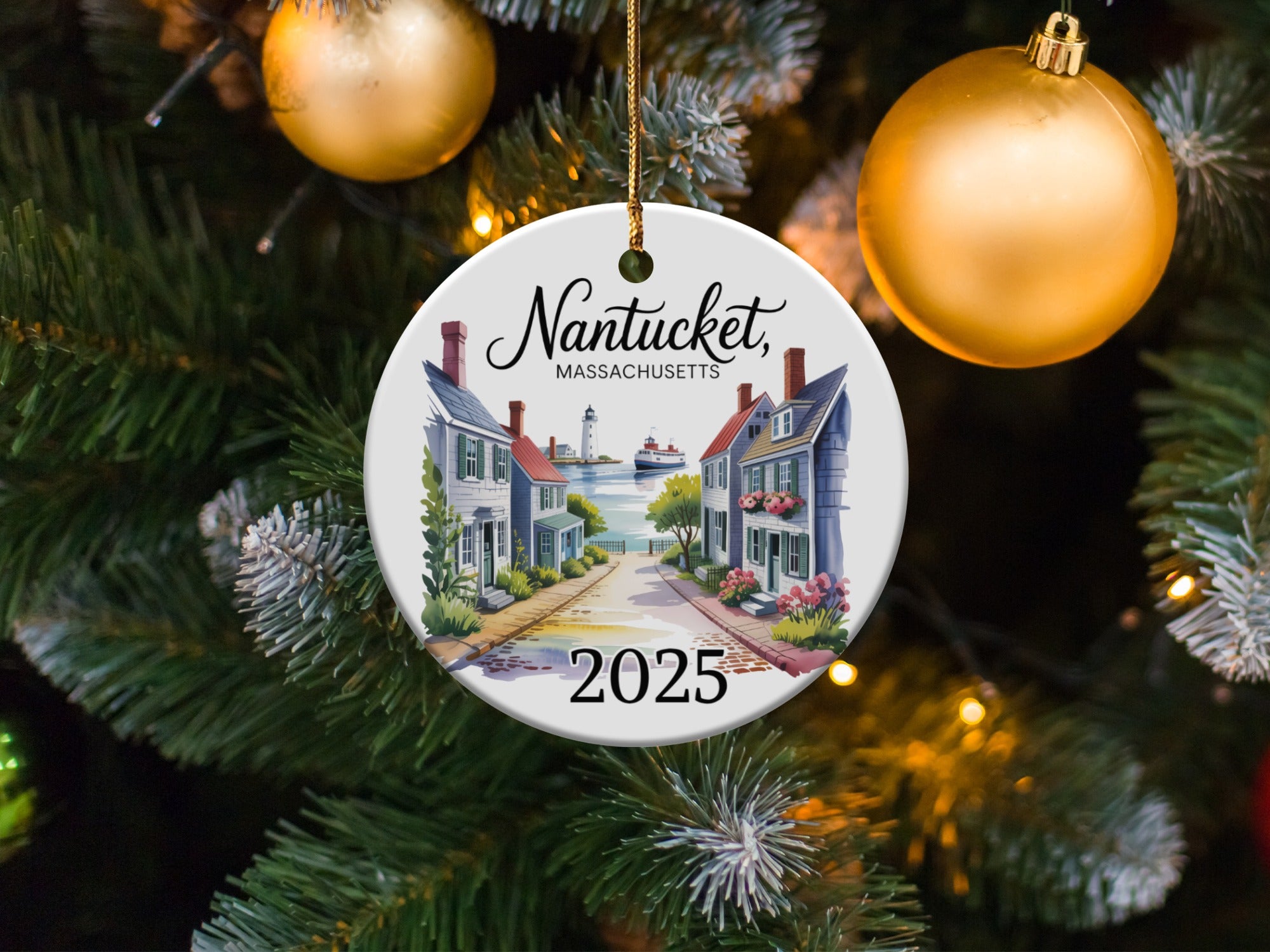 Nantucket 2025 Christmas ornament featuring a seaside town scene.
