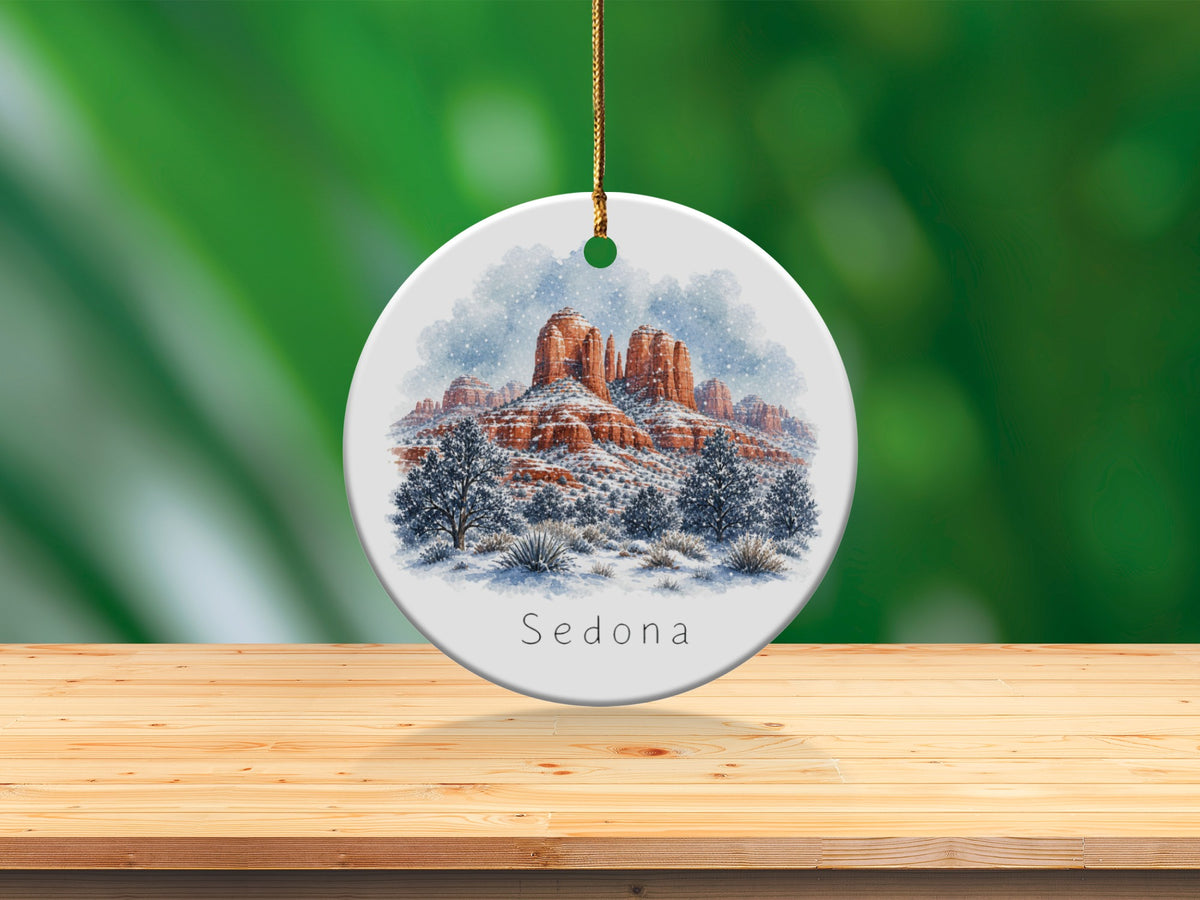 Round ornament with Sedona landscape in snow and text.