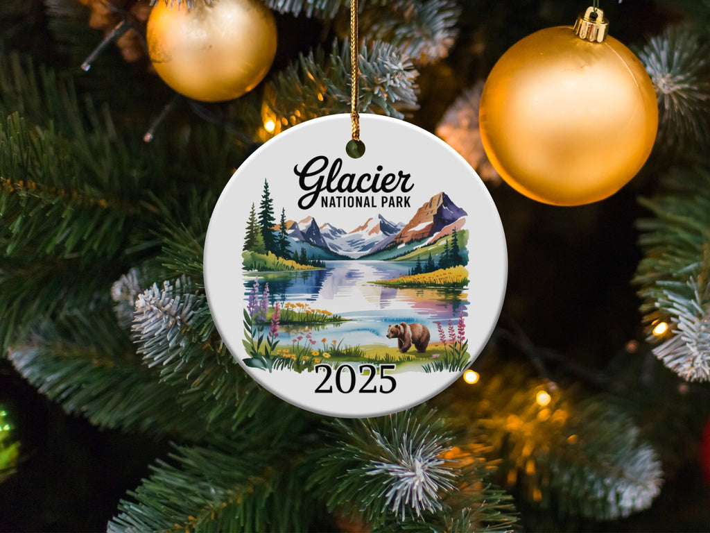 Glacier National Park 2025 ornament with bear, lake, and mountains.