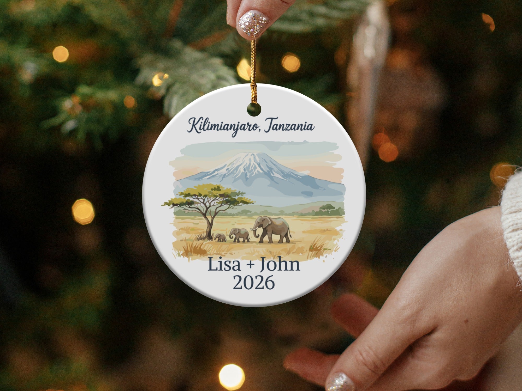 Personalized Kilimanjaro Tanzania Ornament, Custom Elephant Family Vacation Souvenir, Honeymoon Trip Gift, Safari Travel Keepsake for