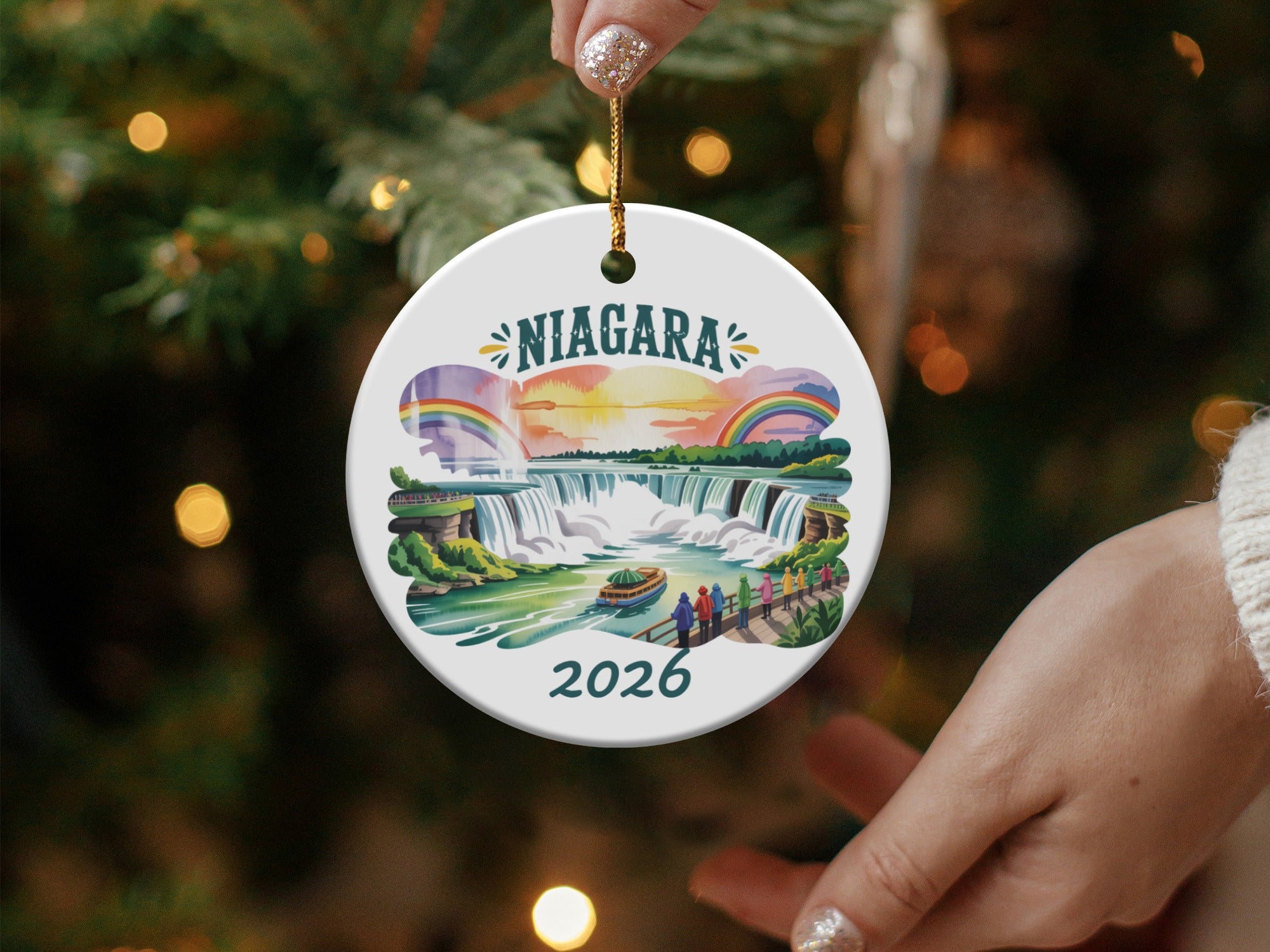 Niagara Falls ornament with rainbow and 2026 date.
