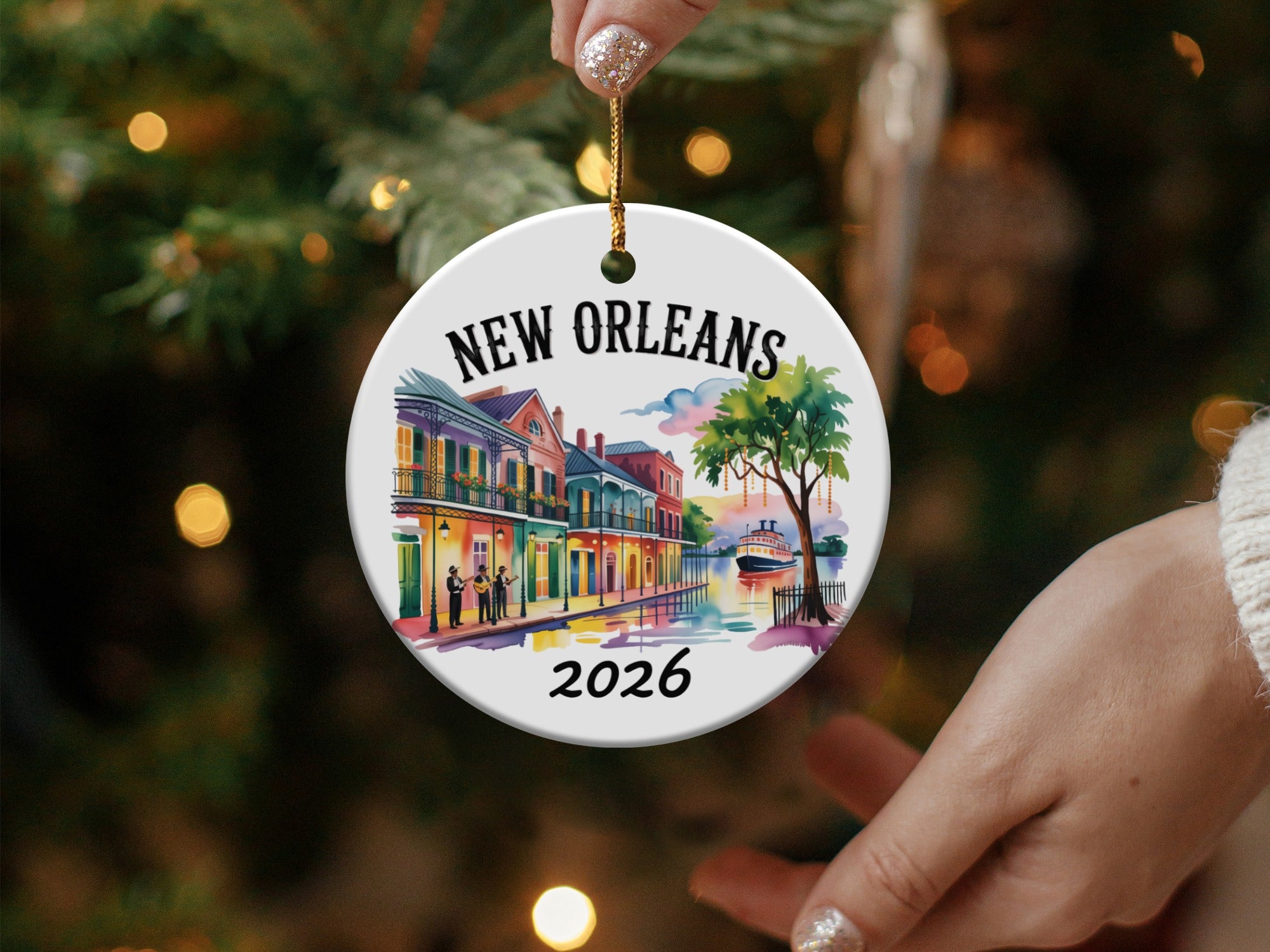 Round New Orleans ornament with carousel horses and "2026" on a Christmas tree.