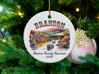 Round ceramic ornament with "Branson Brown Family Reunion 2026" and a scenic train landscape.