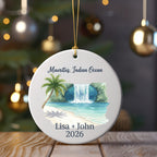 Ornament with beach, waterfall, palm tree, "Mauritius, Indian Ocean", and names.