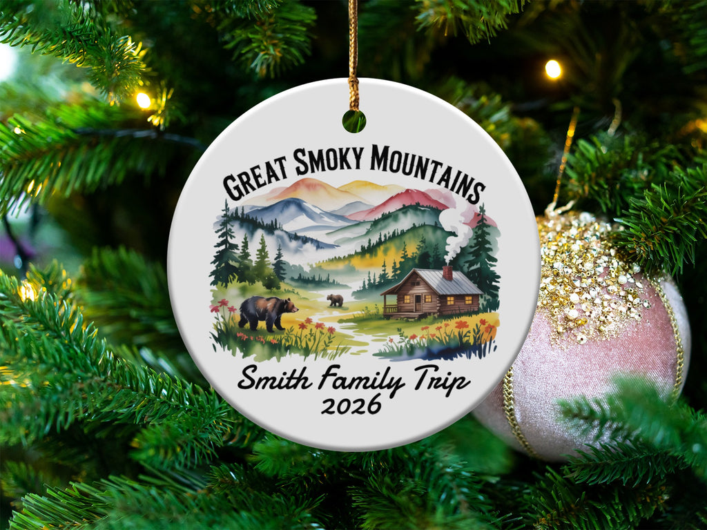 Great Smoky Mountains cabin and bears ornament, Smith Family Trip 2026.