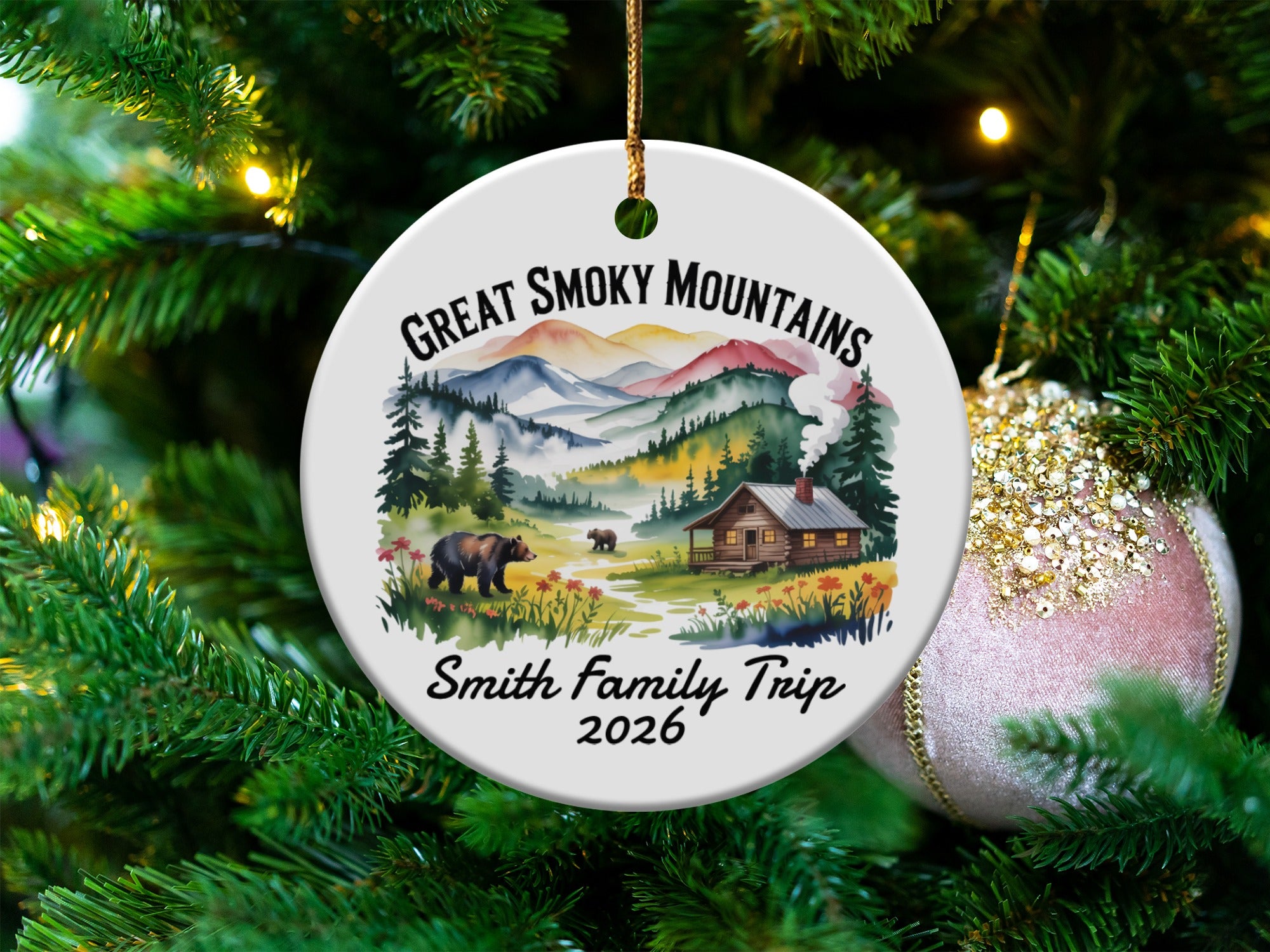 Great Smoky Mountains cabin and bears ornament, Smith Family Trip 2026.