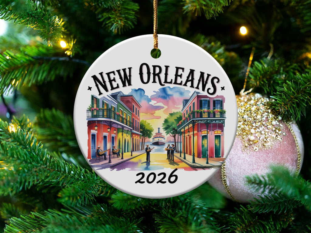 New Orleans 2026 Christmas ornament with colorful buildings and people.